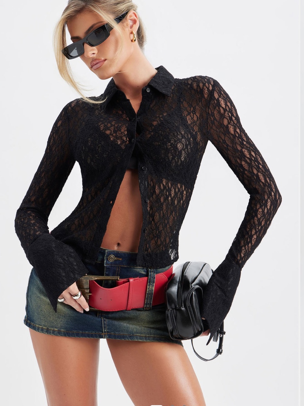 Fashion Nova Black Sheer Lace Long Sleeve Button Shirt
